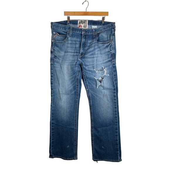 ARIAT M5 Mens Size 40W 34L Denim Blue Jean Slim Bootcut Thrash Distressed Grunge - Picture 7 of 16